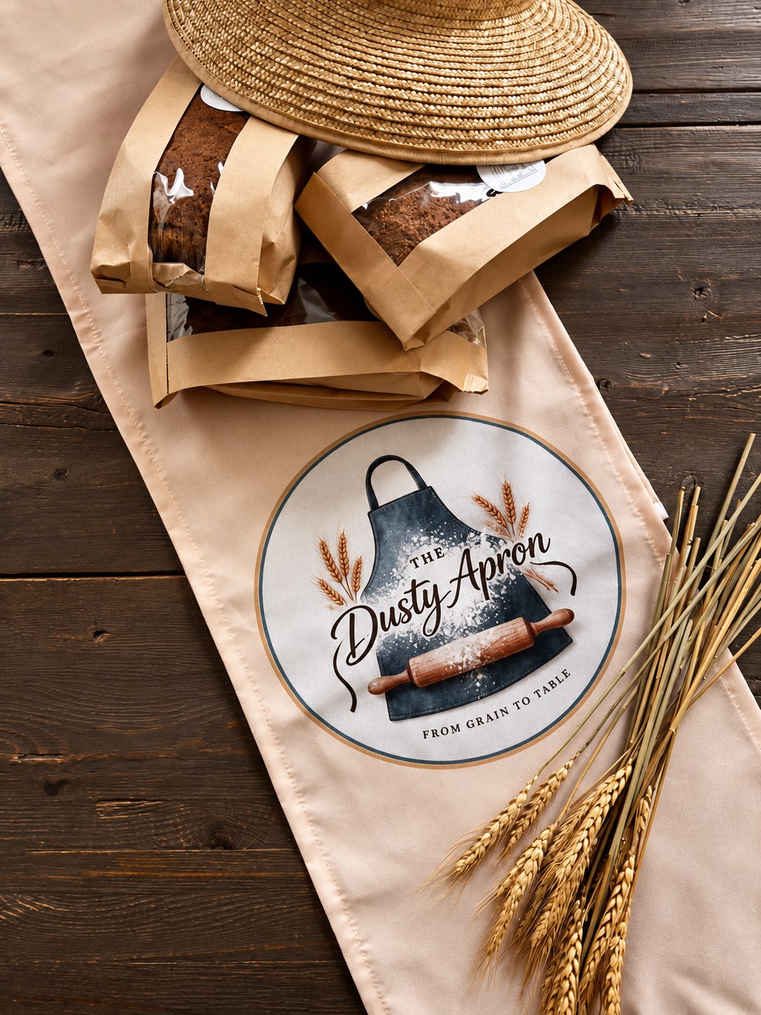 The Dusty Apron apron with packaged loaves and wheat
