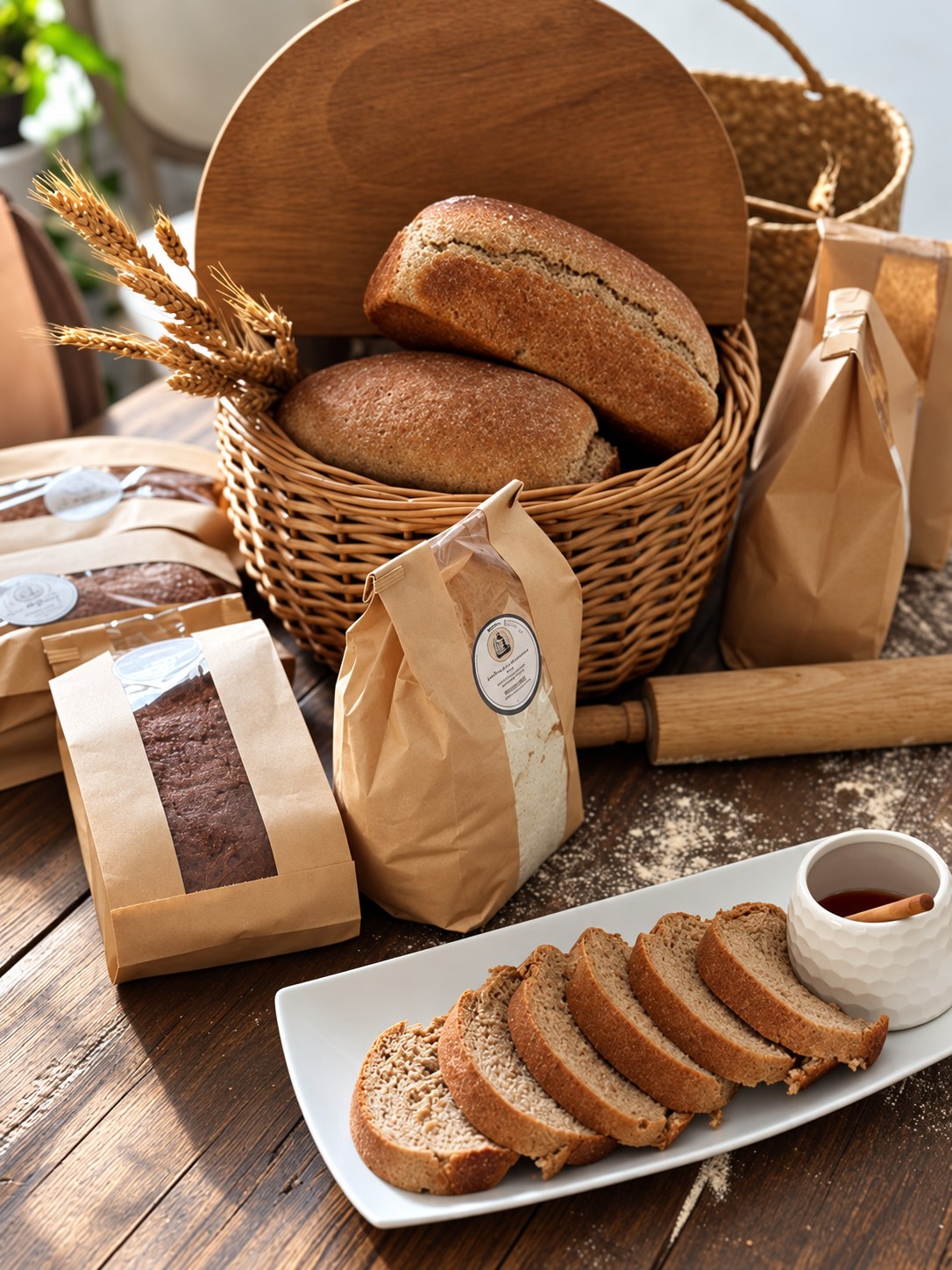 Whole wheat loaves, flour packages, wheat, and sliced bread arranged on a kitchen table