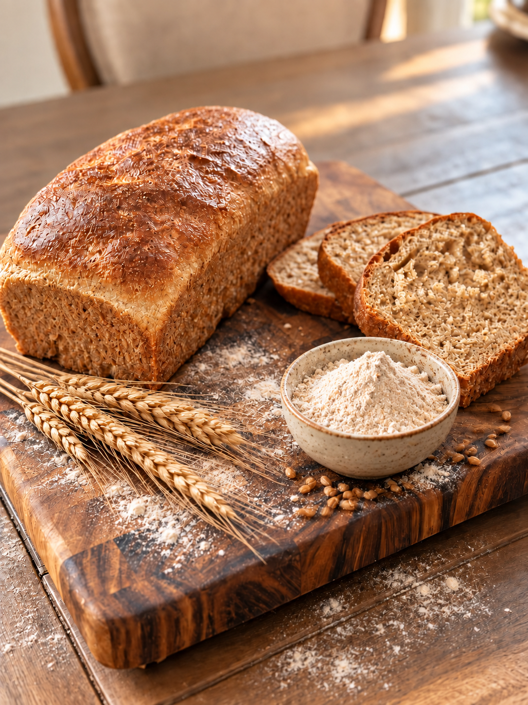 Fresh whole wheat loaf with slices, wheat stalks, a small bowl of flour, and scattered wheat berries on a wooden board