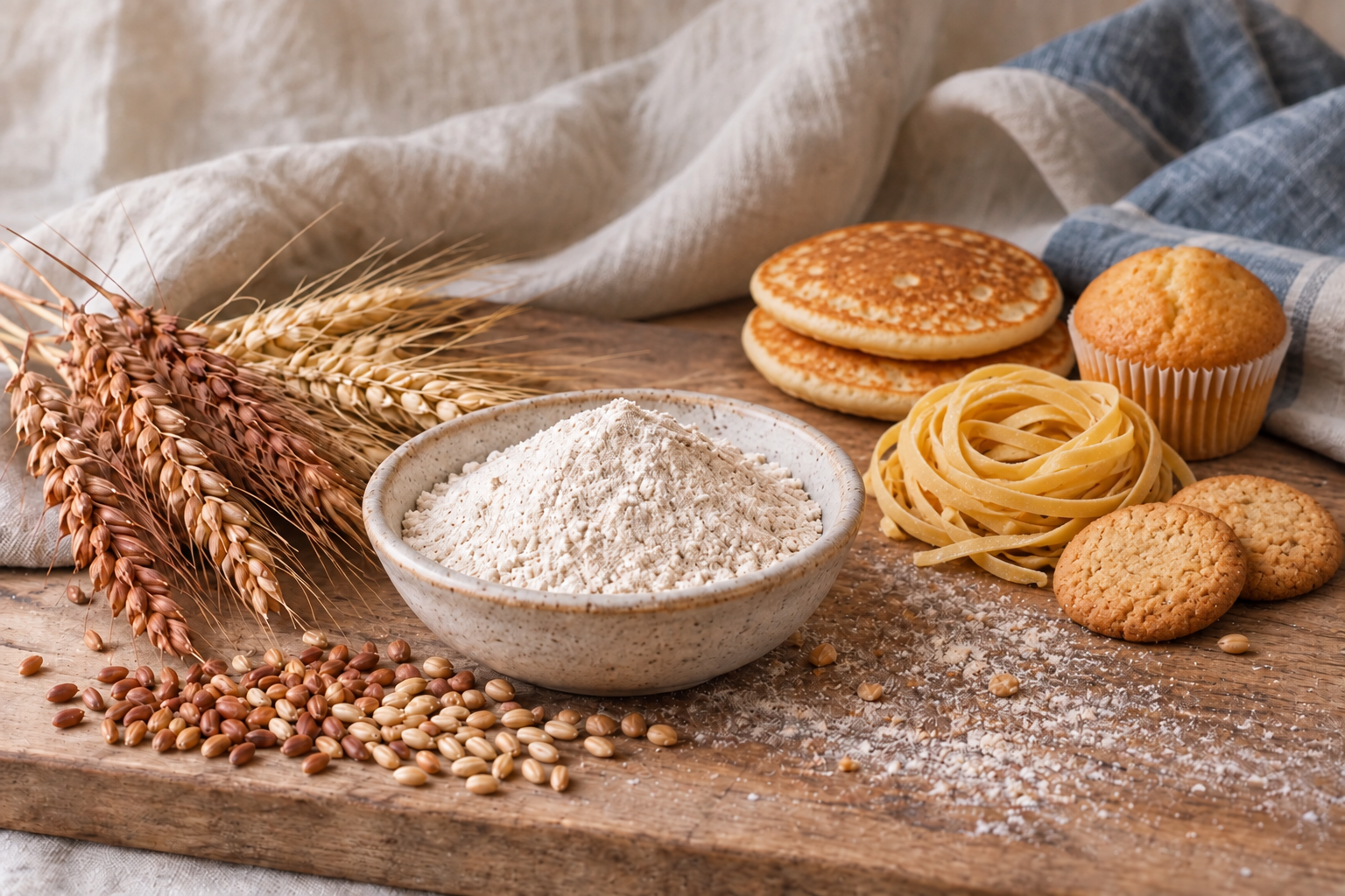 Hard red and hard white wheat, fresh flour, pancakes, pasta, a muffin, and cookies